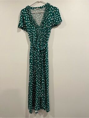 Boden Green Polka Dot Midi Dress with Ruffle V-Neck